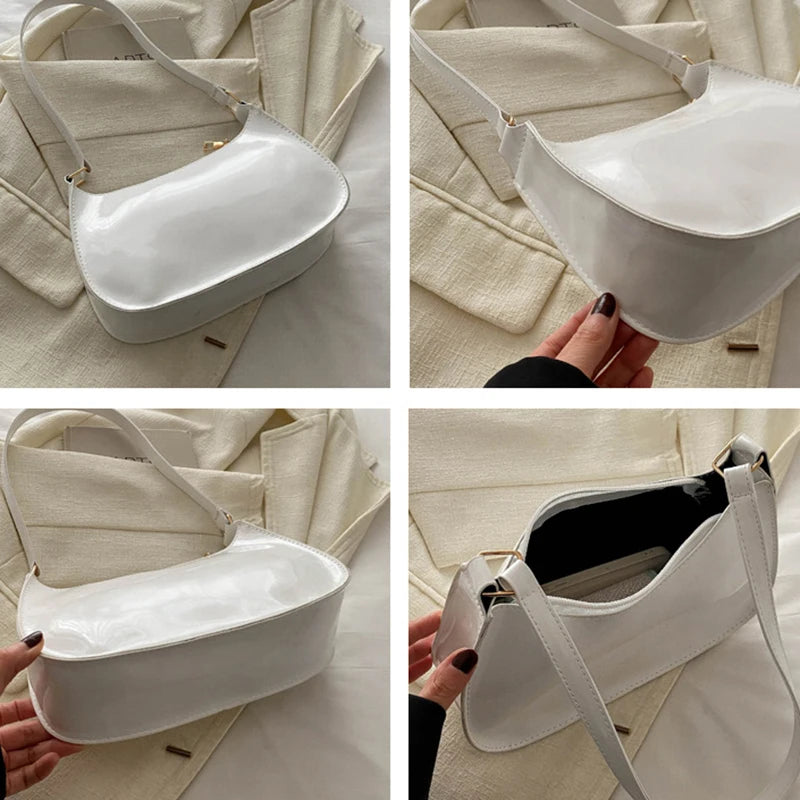 Hard Patent PU Leather Baguette Bag | Vintage Designer Hobos Underarm Bag Luxegan