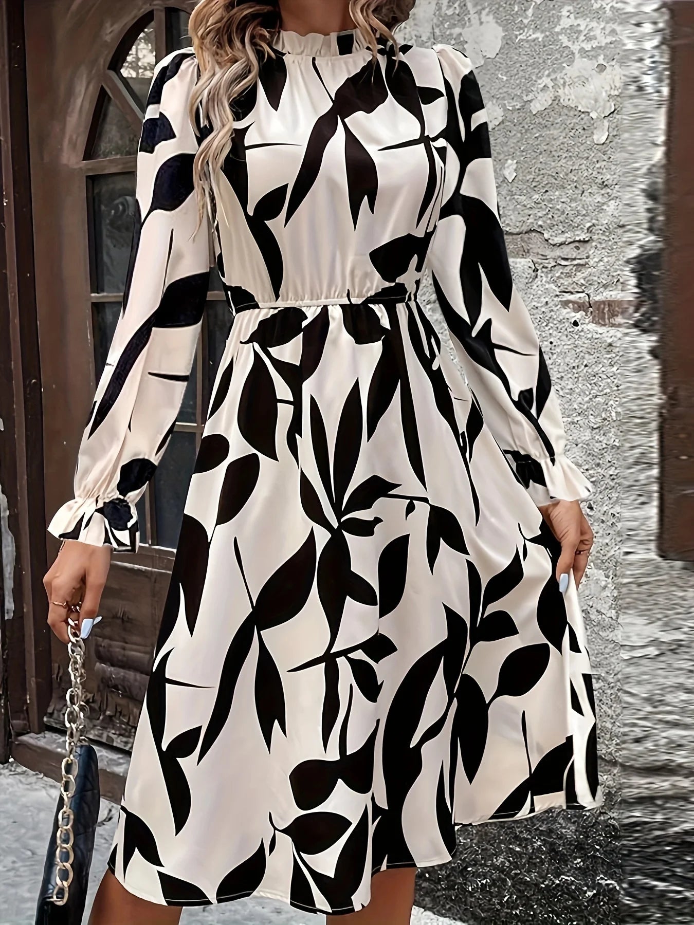 Women's New Elegant Print Long Dress | Casual Fashion Turtleneck Long Sleeve Gown | Luxury Vacation A-Line Maxi Dress | Premium Flowing All-Season Casual Vestido Luxegan