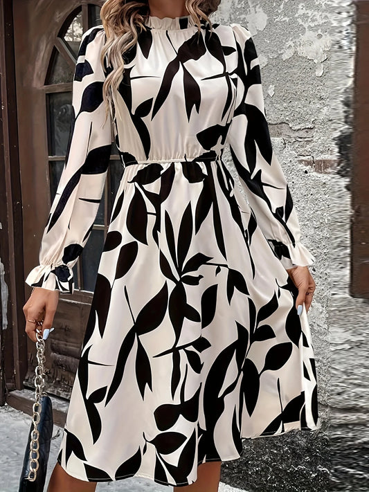 Women's New Elegant Print Long Dress | Casual Fashion Turtleneck Long Sleeve Gown | Luxury Vacation A-Line Maxi Dress | Premium Flowing All-Season Casual Vestido Luxegan