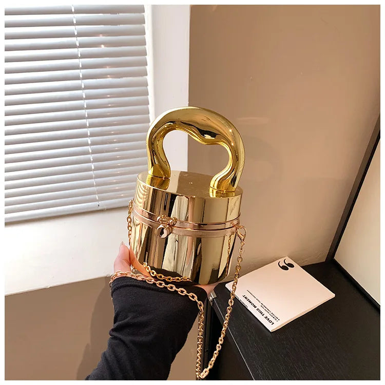 Gold Box Handbag | Shiny Party Evening Clutch & Metal Chain Messenger Purse Luxegan