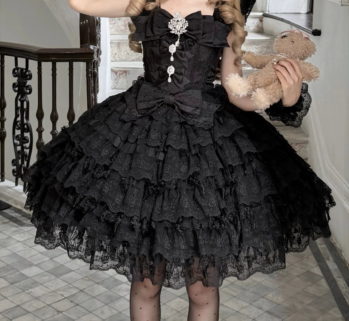 Sweet Lolita JSK Dress Set – Lace, Bow, Spaghetti Strap, Square Collar, A-Line