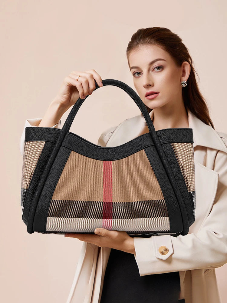 Genuine Leather Large Capacity Women’s Handbag | New Design Plaid Pattern Shoulder Bag | Premium Leather Casual Tote | Sophisticated High-End Female Daily Bag (Model Q1522) Luxegan