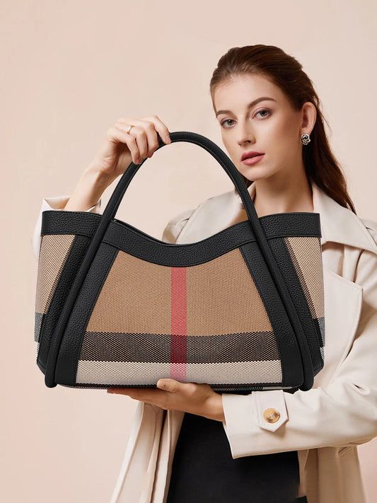 Genuine Leather Large Capacity Women’s Handbag | New Design Plaid Pattern Shoulder Bag | Premium Leather Casual Tote | Sophisticated High-End Female Daily Bag (Model Q1522) Luxegan