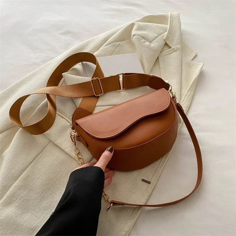 Retro Chain-Strap Saddle Bag | Solid Color Shoulder & Crossbody Purse Luxegan