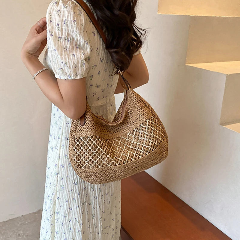 Large Capacity Summer Straw Weaving Shoulder Bag | Women's Handmade Crochet Beach Handbag & Woven Hollow Out Underarm Knitting Bag Luxegan