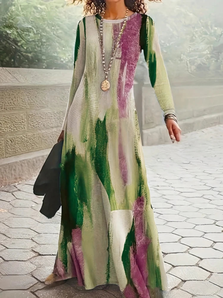 Women's Graffiti Print Ankle-Length Dress – Y2K Long Sleeve Style Luxegan