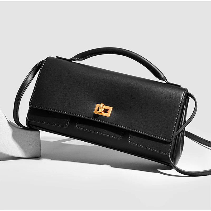 Genuine Leather Solid Satchel | Soft Black Lock Design Shoulder Crossbody Bag Luxegan