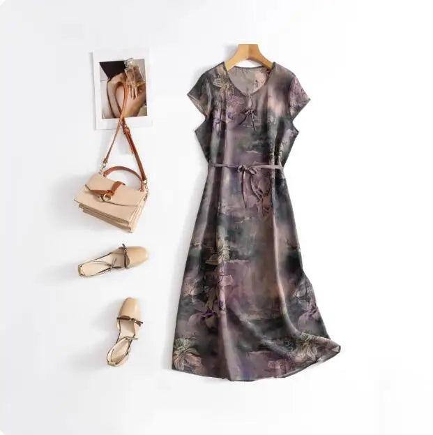 Print Round Neck Flare Sleeve Loose Straight Midi Dress – Mulberry Silk, Summer