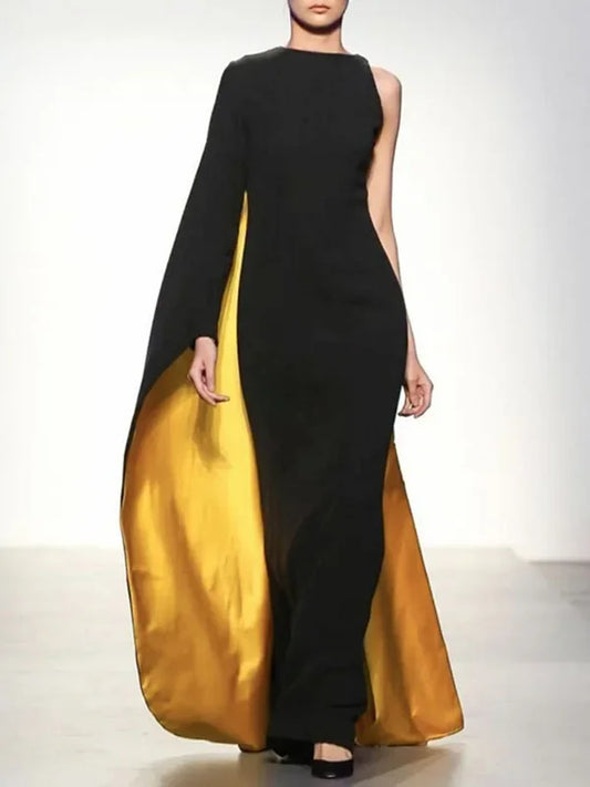 Black & Gold Contrast Color One-Shoulder Dress | Sophisticated Round Neck Slim Fit Silhouette | Elegant "Ankle-Length" High Waist Gown | "Dignified" Asymmetrical X-Shape Evening Party Dress for Radiant Versatile Styling