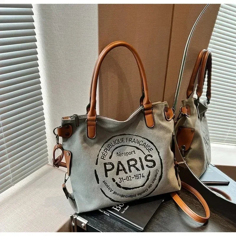 Large Women Stylish Crossbody Bag | Retro Canvas Tote Bag & Vintage Paris Stamp Print Luxegan