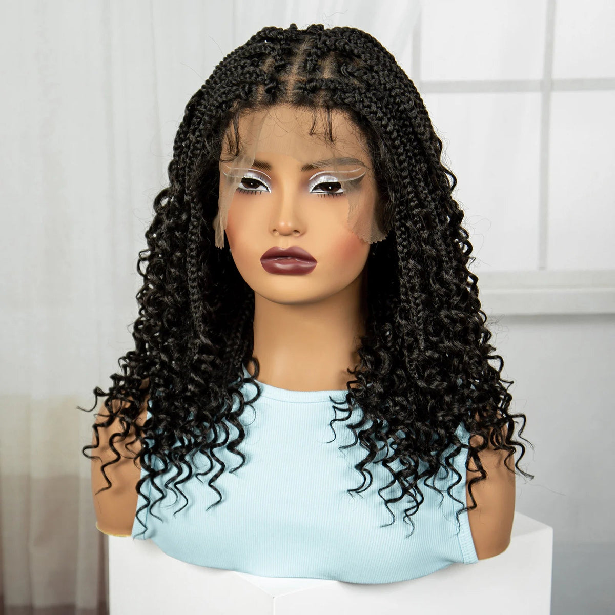 Full Lace Braided Lace Wigs Synthetic Knotless Box Braided Lace Wig with Curly Ends for Black Women Kinky Curly Braided Bob Wig Luxegan