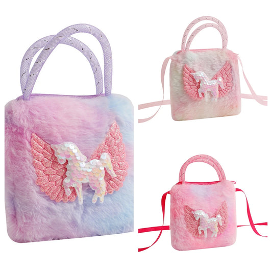 Children's Unicorn Cartoon Plush Shoulder Bag | Girls' Soft Suede Crossbody Purse | Kids' Mini Square Coin Wallet | Cute 13cm Unicorn School Messenger Bag Luxegan