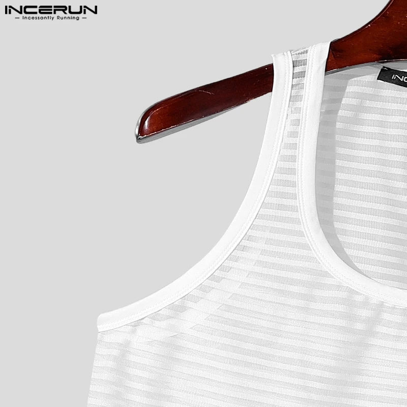Camisetas informales de moda INCERUN nuevas camisetas sin mangas a rayas transparentes y sexys para hombre, chalecos finos ajustados para discoteca masculina