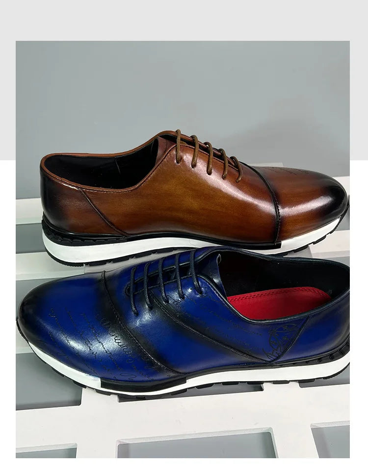 Men's Genuine Leather Oxford Sneakers | Sophisticated Letter Engraving Panel Detail | Elegant "Cow Leather" Lace-Up Casuals | "Dignified" Spring/Autumn Outdoor Daily Shoes for Radiant Versatile Styling Luxegan