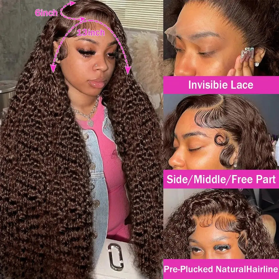 Chocolate Brown Deep Wave HD Lace Wig | Sophisticated 13x6 & 13x4 Transparent Frontal | Elegant "100% Brazilian Remy" Silhouette | "Dignified" Pre-Plucked Curly Human Hair for Radiant Versatile Styling Luxegan