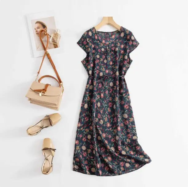 Print Round Neck Flare Sleeve Loose Straight Midi Dress – Mulberry Silk, Summer