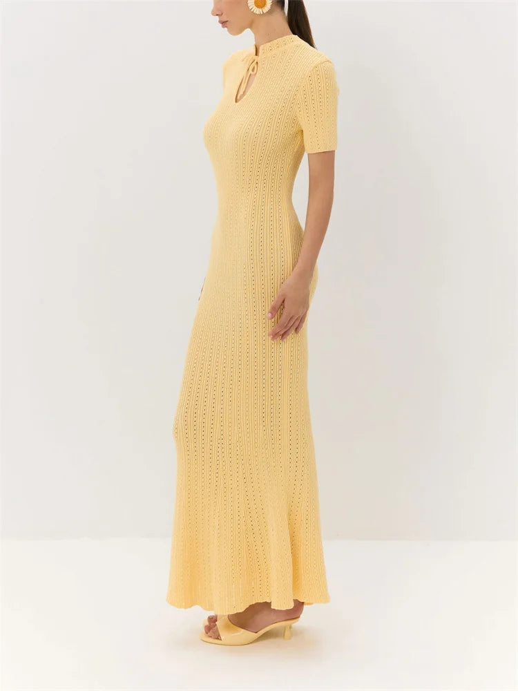 Knit Hollow Out Lace-Up Long Dress | Sophisticated Ribbed High-Waist Patchwork Gown | Elegant "Hollow Out" Silhouette | "Dignified" High-Stretch Knitwear for Radiant Versatile Spring & Summer Styling Luxegan