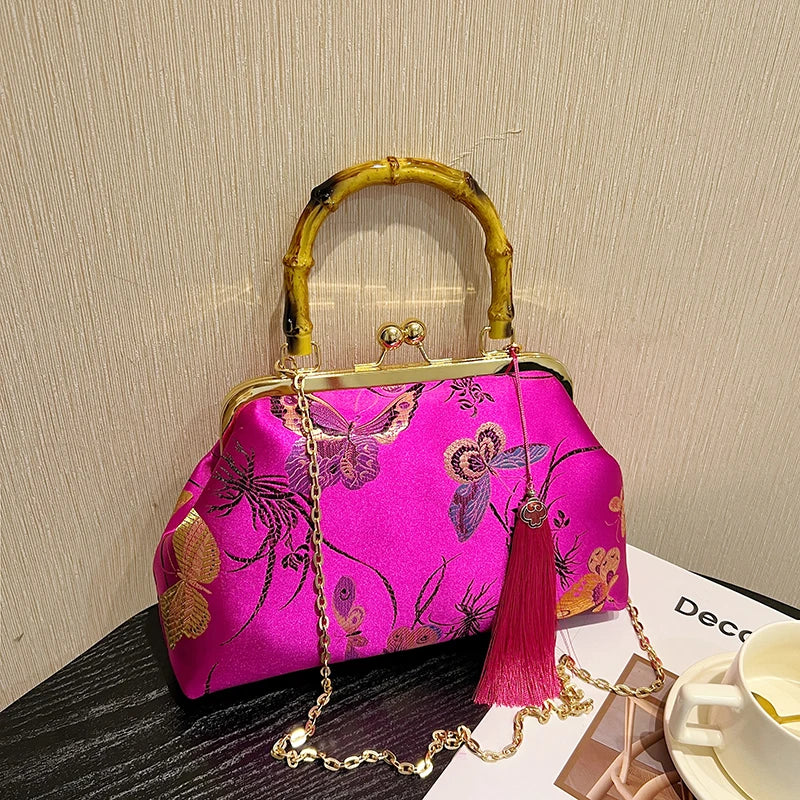 Luxury Embroidery Vintage Evening Bag | Wedding Style Floral Handbag with Tassel Design | National Fashion Shoulder & Crossbody Bag with Bamboo Fiber Lining Luxegan