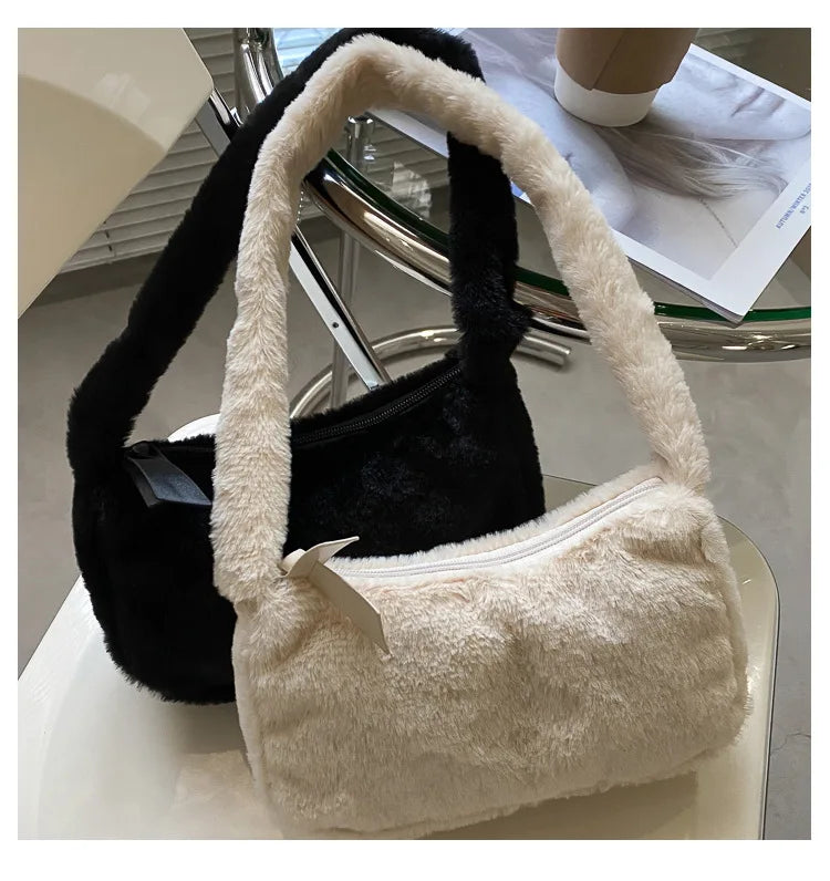 Simple Design Women's Soft Plush Hobo Shoulder Bag | Winter Furry Ladies Clutch Purse & Handbag (Fashion Female Underarm Bag) Luxegan