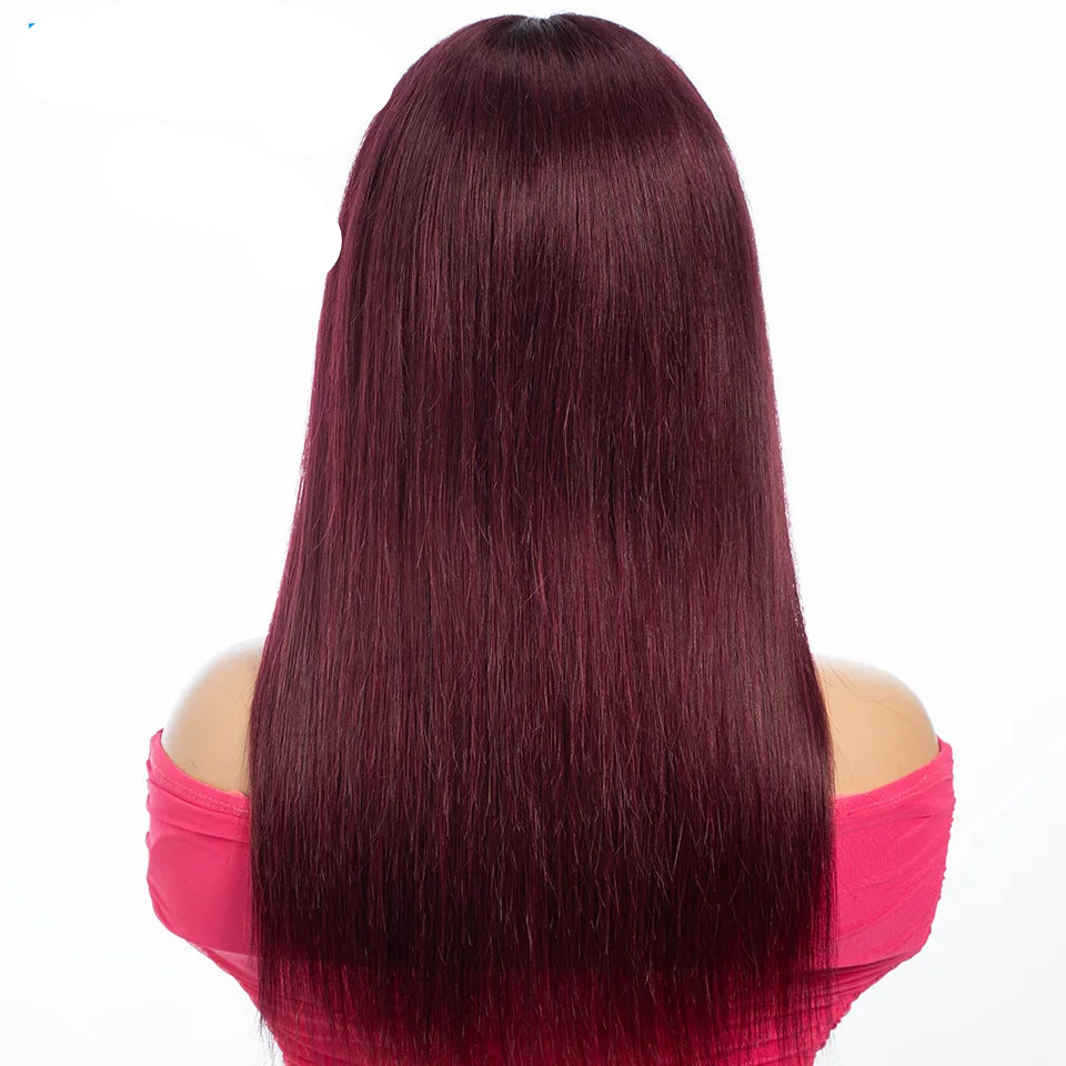 Vibrant 99J Burgundy Wine Red Bone Straight Human Hair Wig with Bangs | Glueless Full Machine-Made Brazilian Remy Human Hair Wig | Premium 22-Inch Classic Fringe Straight Wig for Women Luxegan