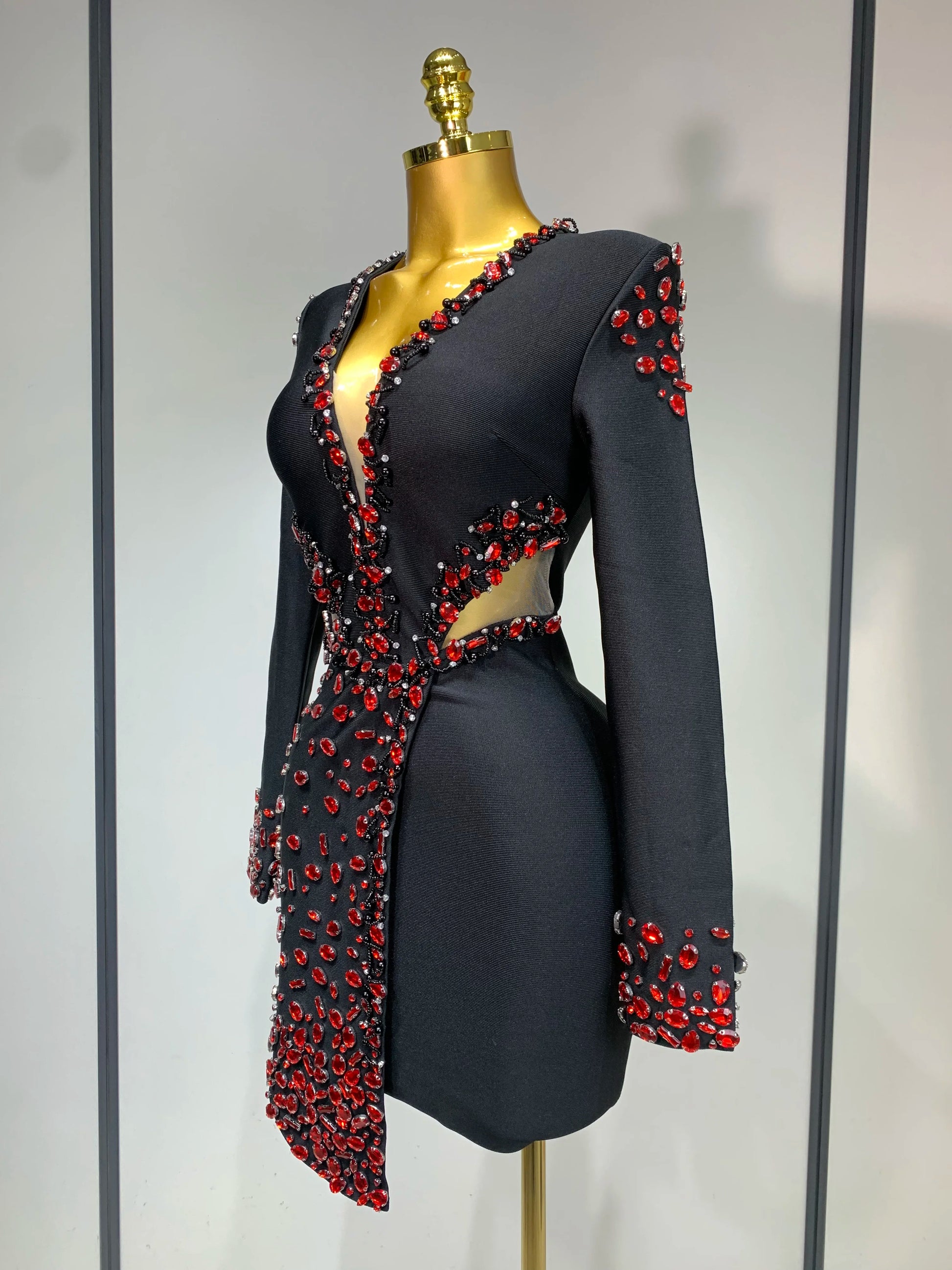 Women's Black Long Sleeve V-Neck Rhinestone Bandage Dress Luxegan