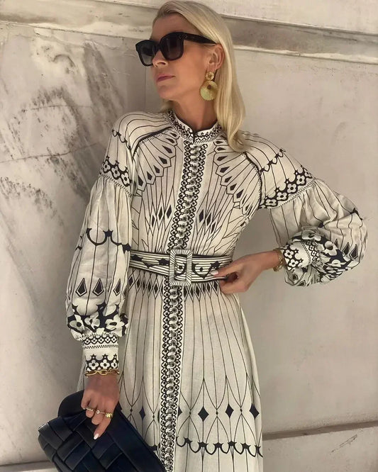 Turn-Down Collar Lantern Sleeve Belted Geometric Print Loose Boho Midi Dress | Retro Elegant Office Dress