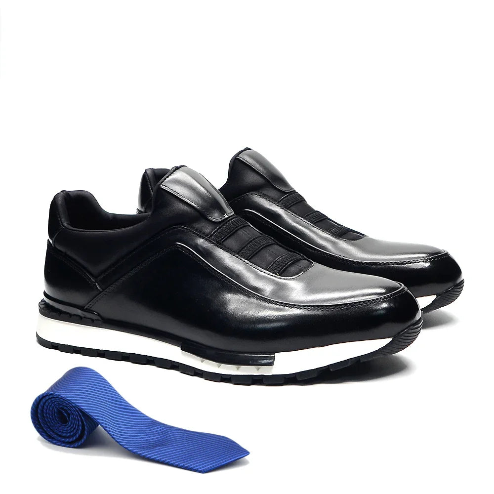 Classic Brand Design Men's Sneakers | Sophisticated Genuine Cow Leather Loafers | Elegant "Handmade Color Block" Silhouette | "Dignified" Breathable Slip-On Shoes for Radiant Versatile Styling Luxegan