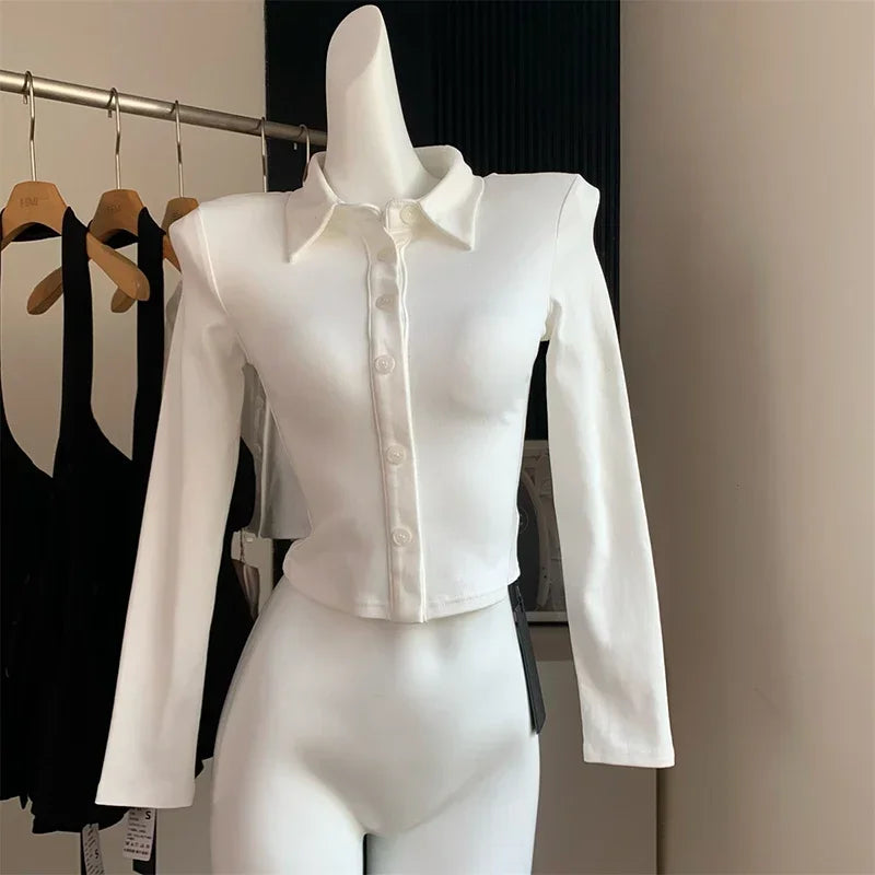 Women's Two-Piece Sexy Chic Halter Dress Set | Fashionable Polo Neck Button-Up Shirt & Slim Mini Dress | Casual Solid Color Autumn/Winter A-Line Outfit Luxegan