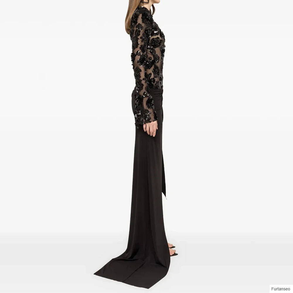 Sequined Asymmetrical Evening Gown | O-Neck Full Sleeve Floor-Length Prom Dress Luxegan