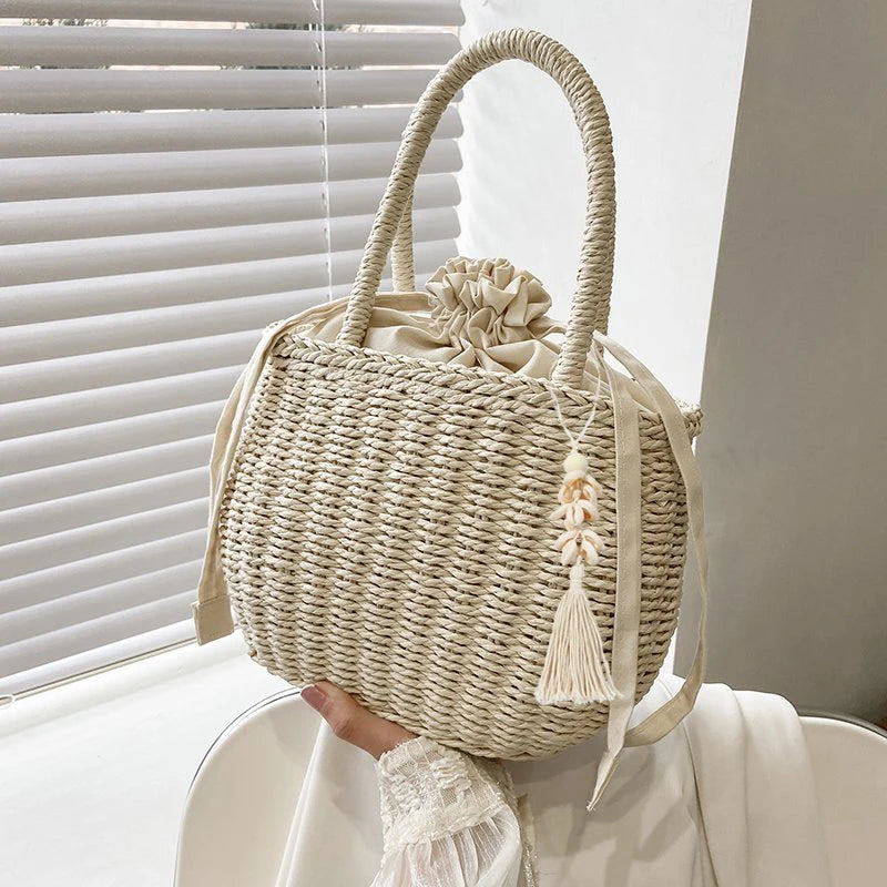 Women’s Summer Straw Rattan Handbag | Sophisticated Woven Small Clutch & Basket Bag | Elegant Retro Beach Vacation Tote | "Dignified" Soft Bucket Purse for Versatile Holiday Styling Luxegan