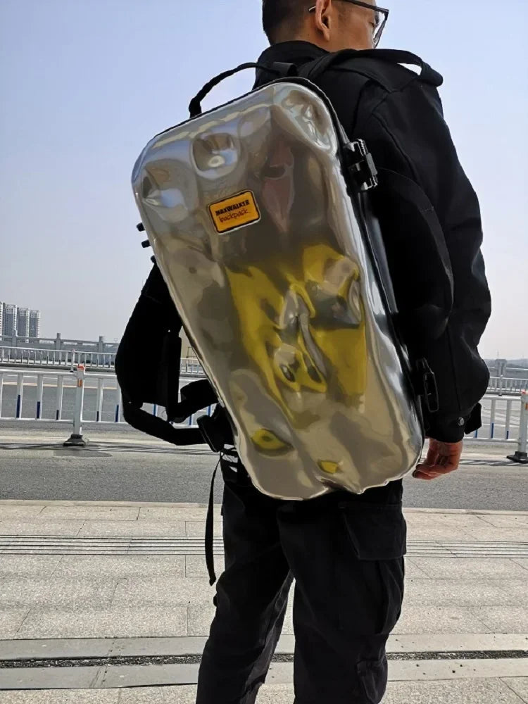 High-End Design "Crash" Backpack for Men | Hard-Shell ABS Moto & Biker Travel Bag | Ins Trend Fitness & Sports Training Pack | 20-35L Unisex Waterproof Tech Backpack Luxegan