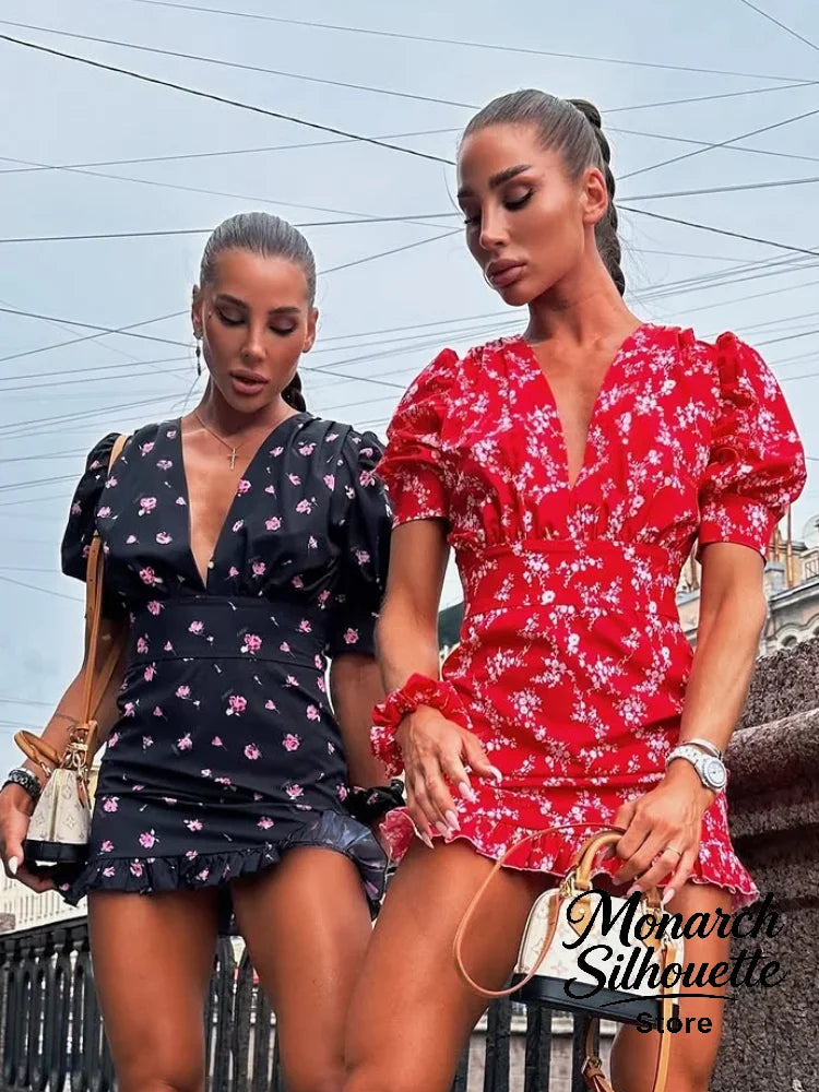 Print V-Neck Short Puff Sleeve Slim Fit Sheath Mini Dress – Natural Waist, Summer Luxegan