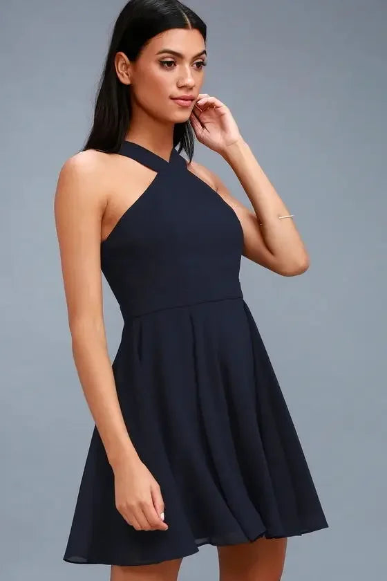 Solid Halter Sleeveless Hollow-Out Loose Fit A-Line Mini Dress – Non-Stretch Chiffon, Empire Waist, Summer Luxegan