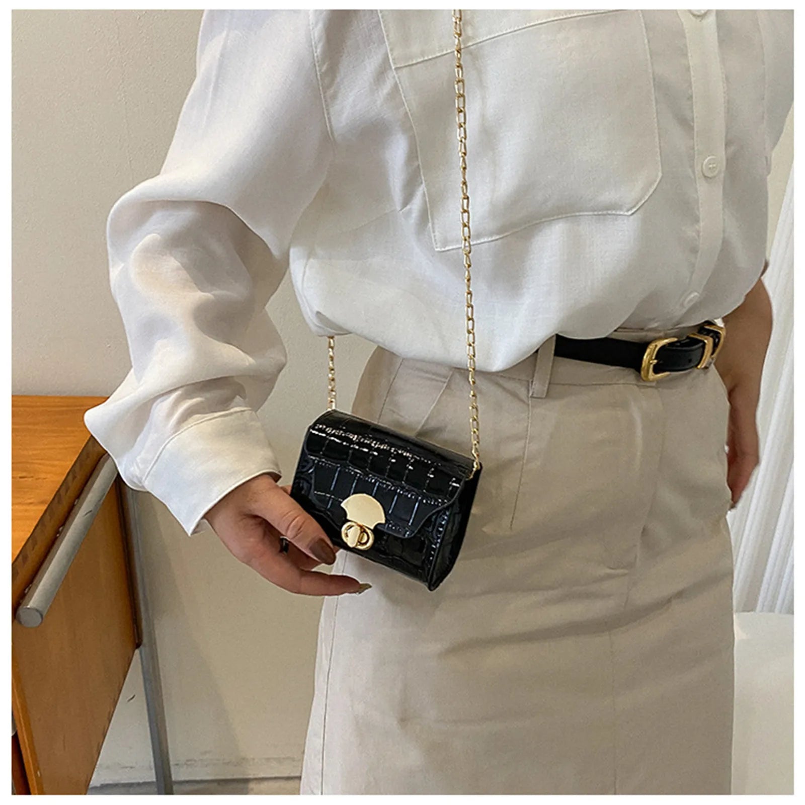 Korean Style Leather Bright Surface Shoulder Bag | Chain Mini Crossbody Bag & Lipstick Pouch Luxegan