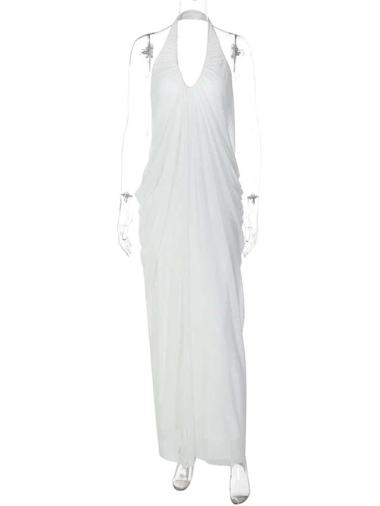 Mozision Mesh Halter Backless Sexy Maxi Dress Women Gown Fashion Elegant V Neck Sleeveless Pleated Club Party Long Dresses