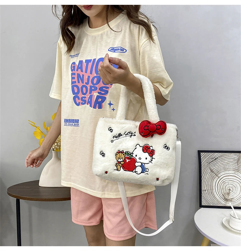 Kawaii Hello Kitty Plush Shoulder Bag | My Melody Cinnamoroll Kuromi Cute Cartoon Anime Handbag (Soft Storage Bag for Women & Girls) Luxegan
