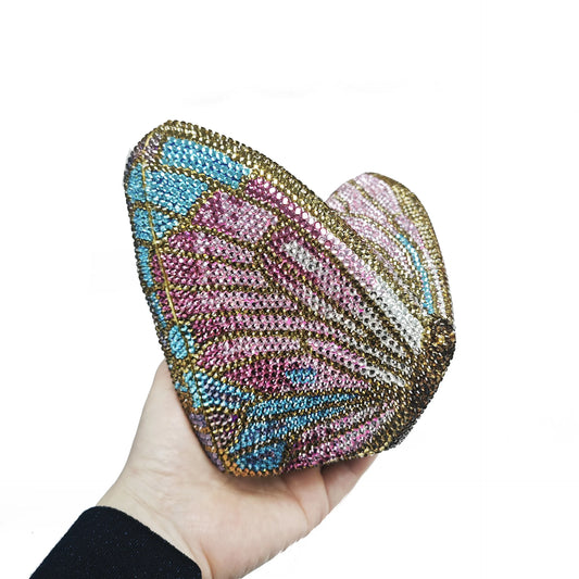 Luxury Butterfly-Shaped Crystal Clutch | Hard Metallic Bridal & Party Handbag Luxegan