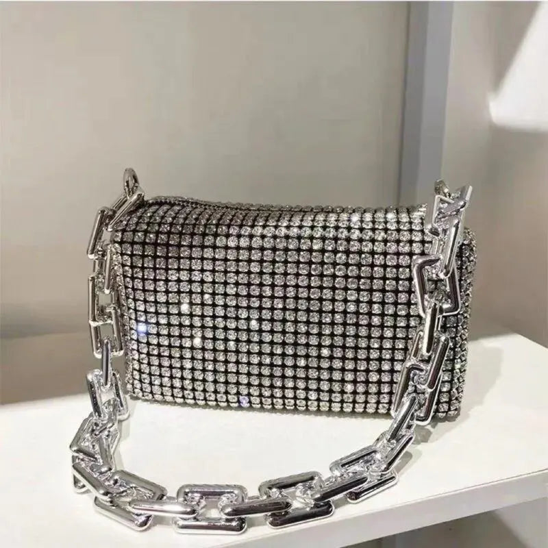 Allover Rhinestone Bucket Bag | Glitter Chain Prom Purse & Women's Mini Crossbody Bag (Sparkling Evening Handbag) Luxegan