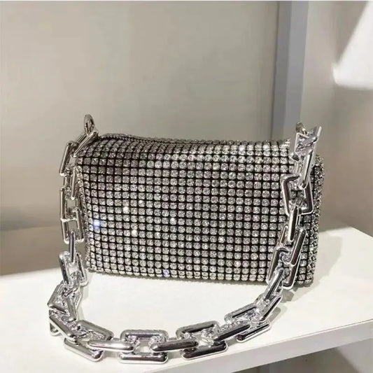 Allover Rhinestone Bucket Bag | Glitter Chain Prom Purse & Women's Mini Crossbody Bag (Sparkling Evening Handbag) Luxegan