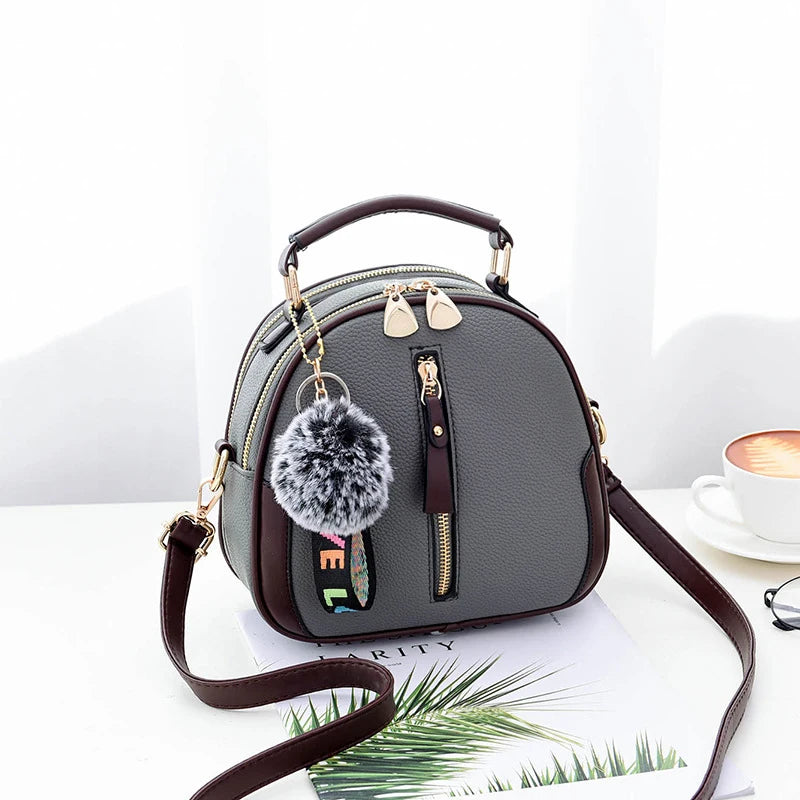 Luxury PU Leather Women's Small Tote Bag | Fashionable Fur Ball Pendant & Crossbody Bag Luxegan
