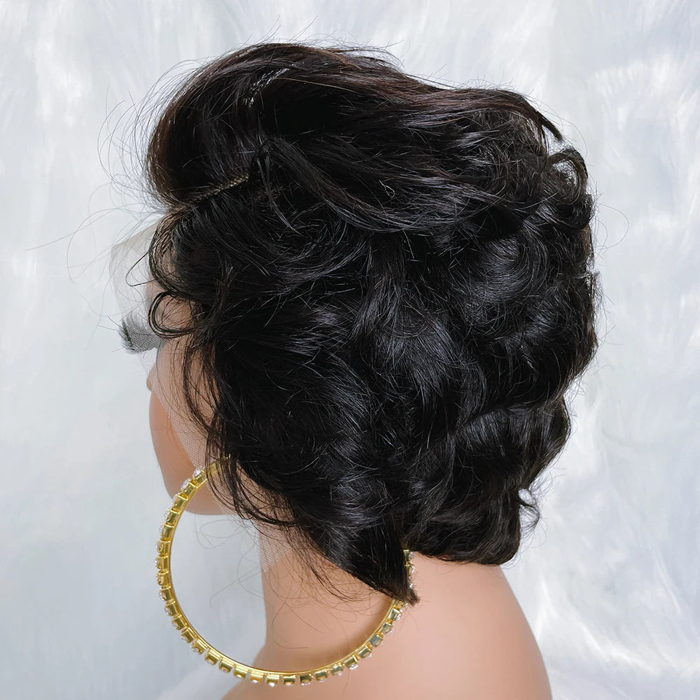 Short 8-Inch Curly Wave Lace Front Wig | 13x4 Transparent Swiss Lace Frontal Wig | 100% Brazilian Remy Human Hair Pre-Plucked Glueless Curly Bob for Women (Natural Color) Luxegan