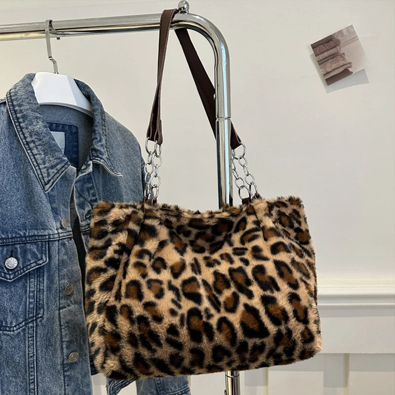 National Style Simple Women's Leopard Tote Bag | Lady Luxury Fluffy Shoulder Bag & Chain Large Capacity Commuter Handle Bag Luxegan