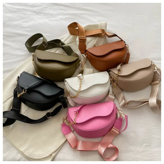 Retro Chain-Strap Saddle Bag | Solid Color Shoulder & Crossbody Purse Luxegan