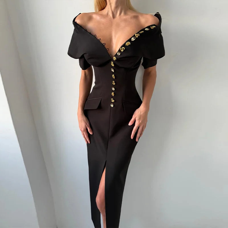 Elegant Solid Buttons Long Dress Women Waist Cinched Shoulder Pads High Collar Slit Dresses 2026 Spring Summer Lady Party Robes