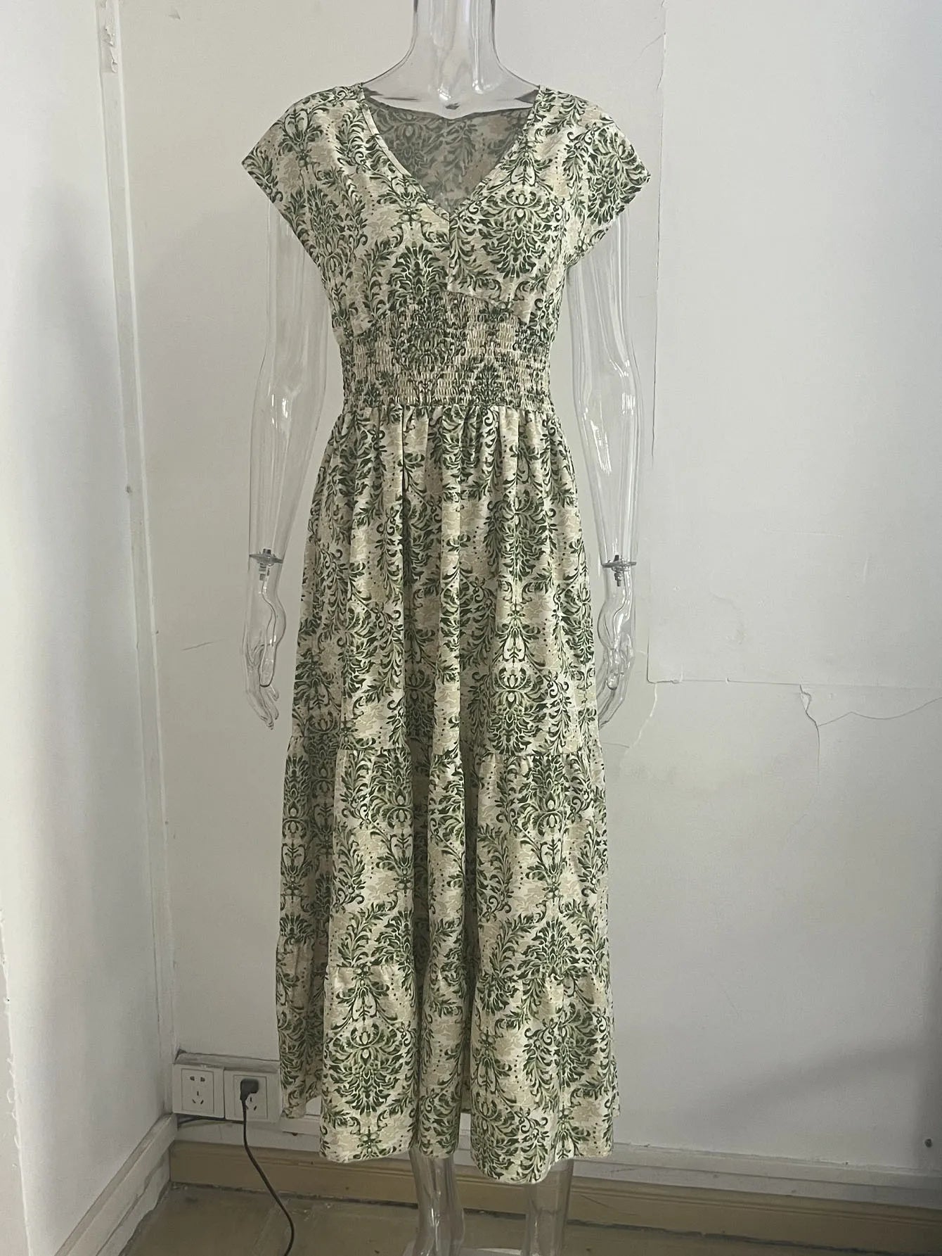 Women's Vintage Floral Printed Long Dress Jumpsuit | Elegant V-Neck Short-Sleeve Maxi | Slim-Fit Ankle-Length Office Lady Summer Gown Luxegan