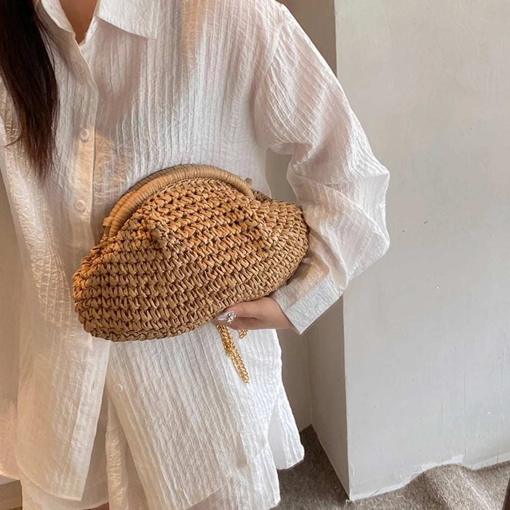 Women's Straw Woven Bag | Chain Strap Shoulder Bag & Weaving Satchel Bag Luxegan