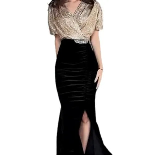 Women's Sequin V-Neck A-Line Formal Dress with Split Luxegan