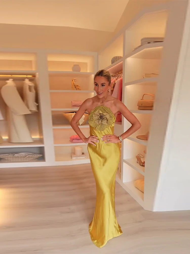 Elegant Party Women's Dress 3D Flower Halter Sleeveless Backless Mermaid Satin Female Dresses 2026 Summer Chic Evening Lady Robe