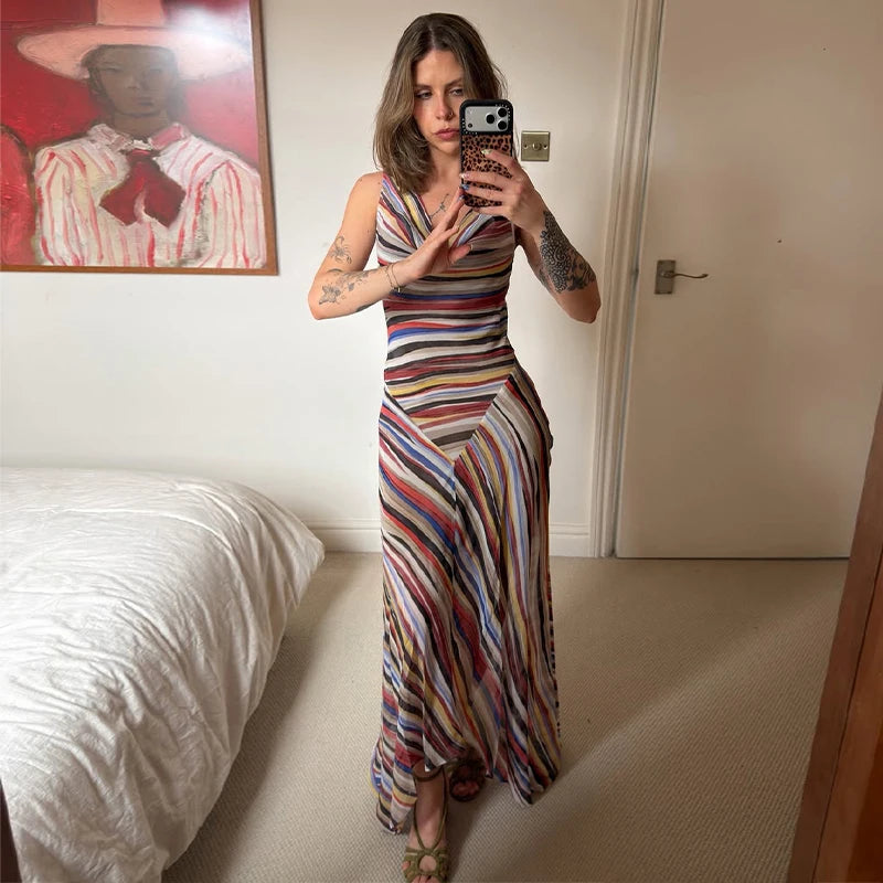 Striped Sweetheart Neck Slim Maxi Dress – Sleeveless, Floor-Length, Spring/Summer Luxegan