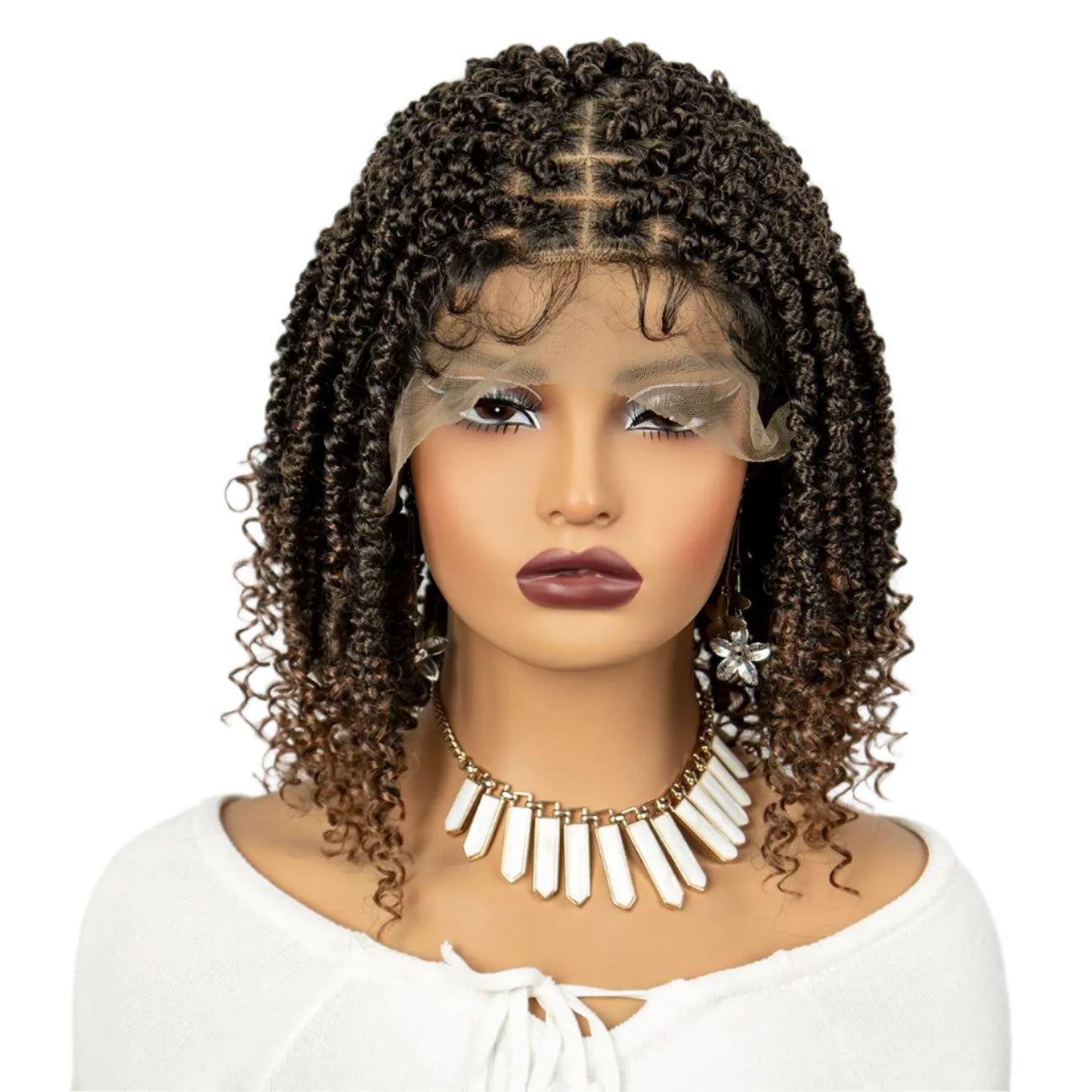 Burgundy Knotless Box Braids Bob Wig with Curly Ends | Lace Front Luxegan